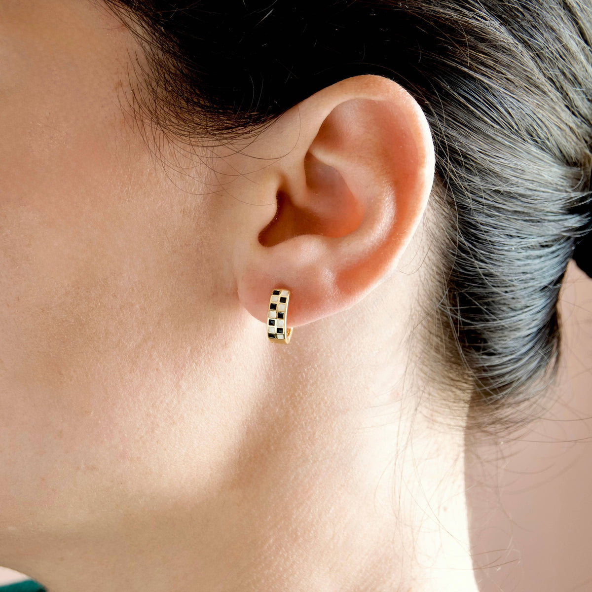Gold Checker Hoop Earrings - Black & White Tile Hoops