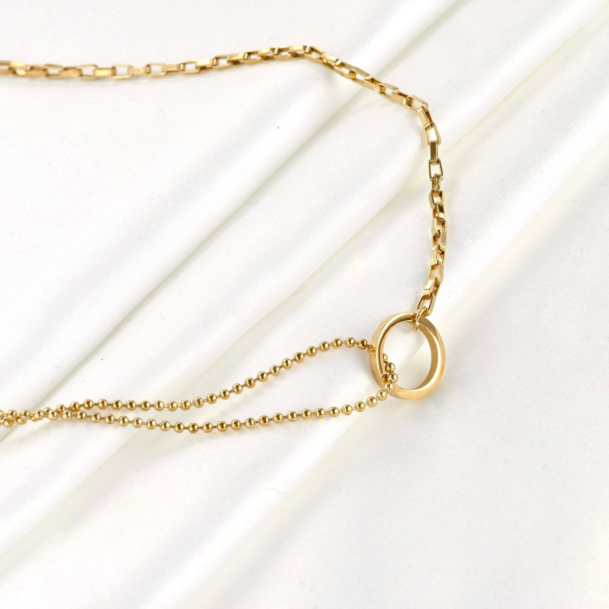 Gold Mixed Chain Circle Link Necklace - Stainless Steel