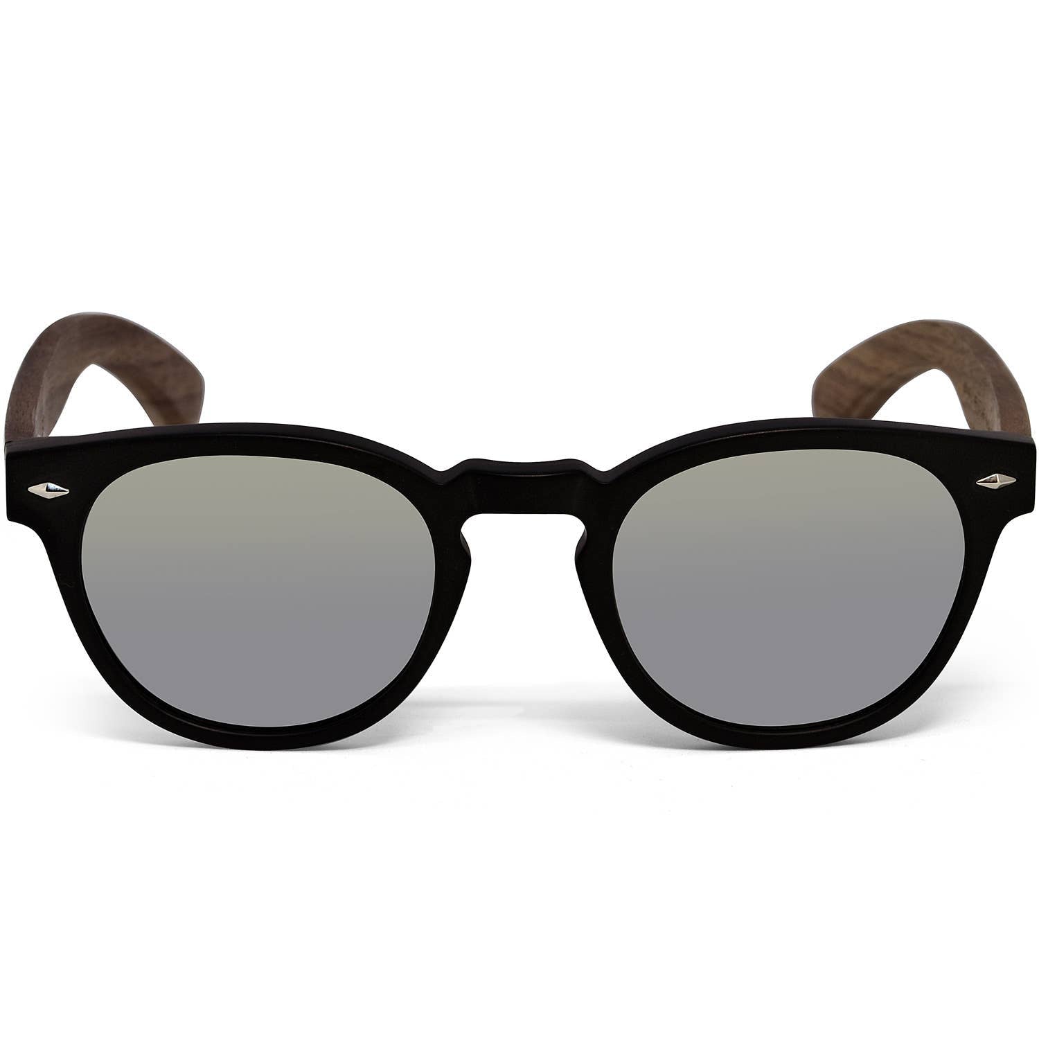Round Walnut Wood Sunglasses With Silver Mirrored Lenses