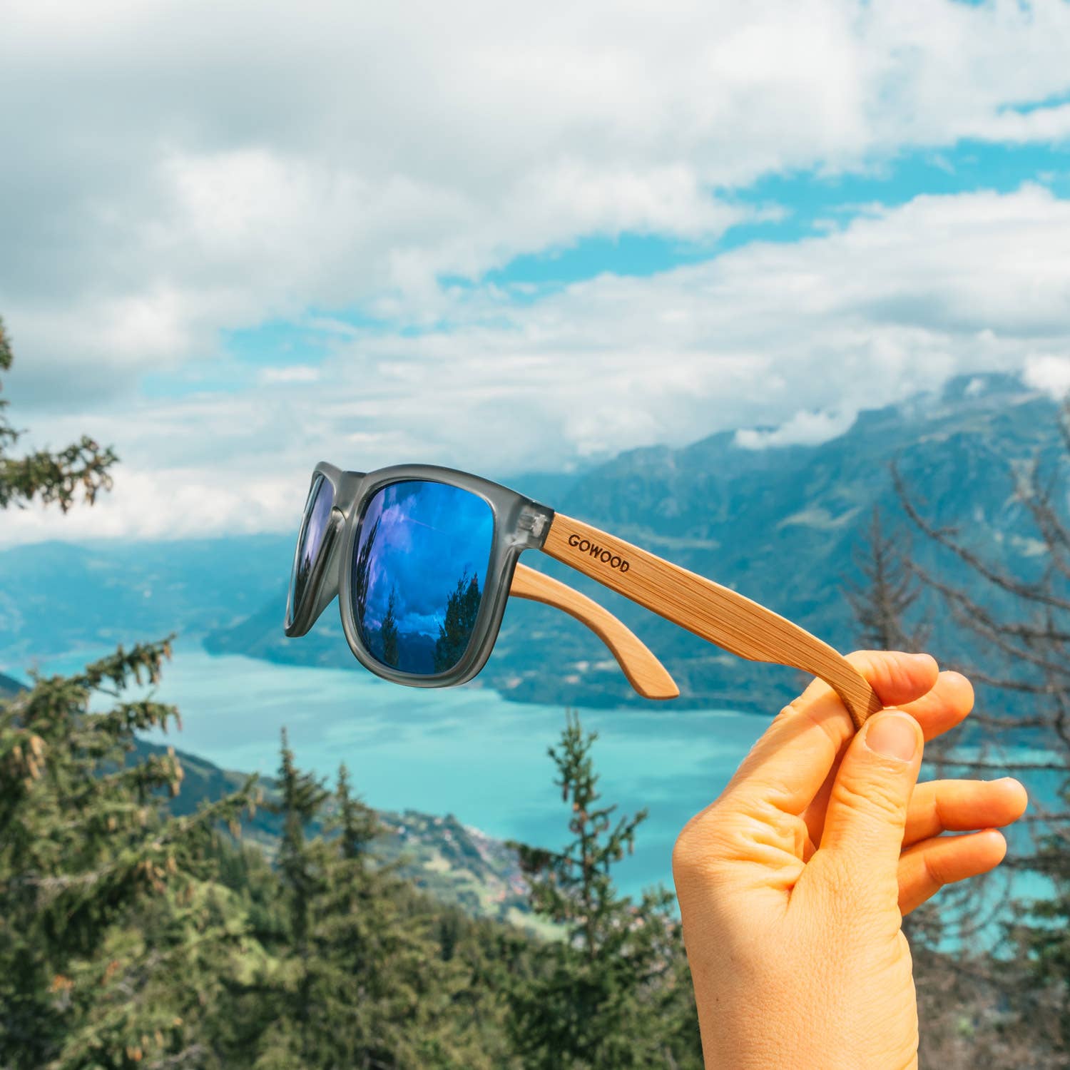 Square Bamboo Wood Sunglasses with Blue Polarized Lenses