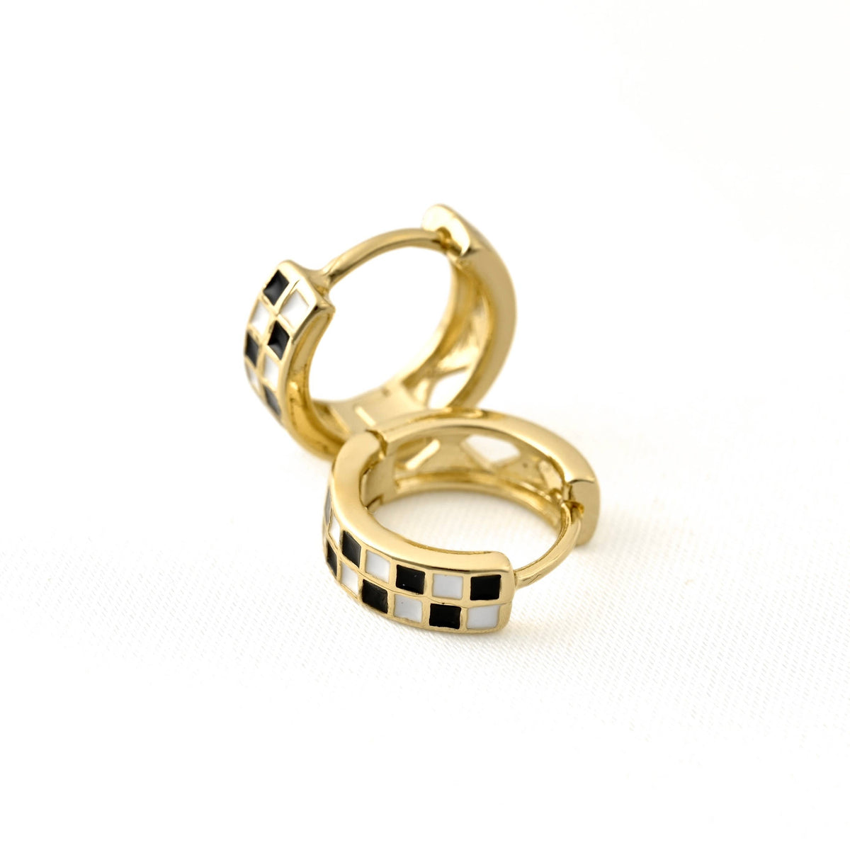 Gold Checker Hoop Earrings - Black & White Tile Hoops