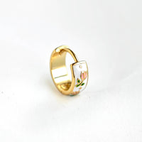 Gold Enamel Tulip Flower Hoop Earrings - 925 Sterling Silver