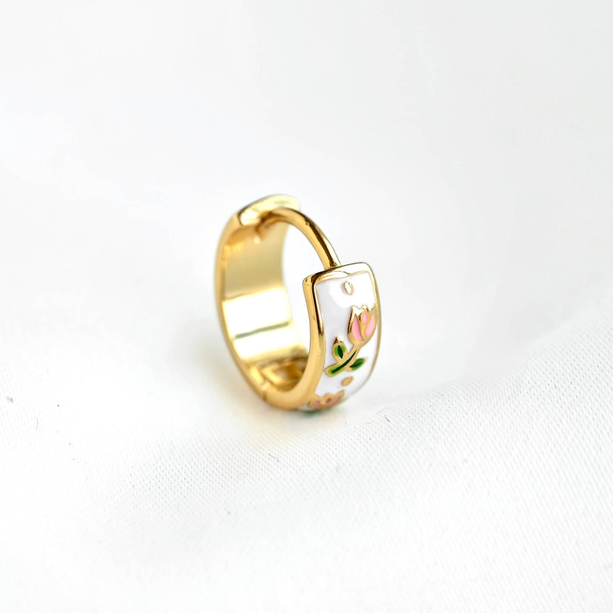 Gold Enamel Tulip Flower Hoop Earrings - 925 Sterling Silver