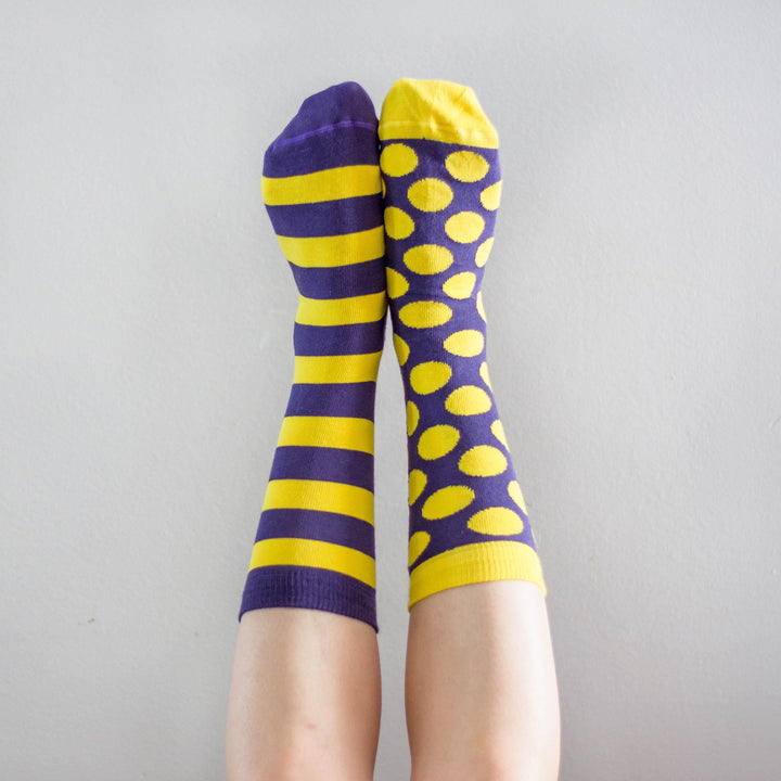 Women's Socks | Stripe & Dot | Purple & Yellow | Mismatched