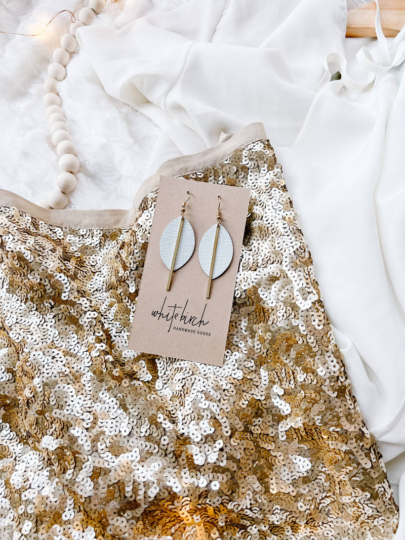 Petal Shape White Saffiano Leather & Brass Earrings